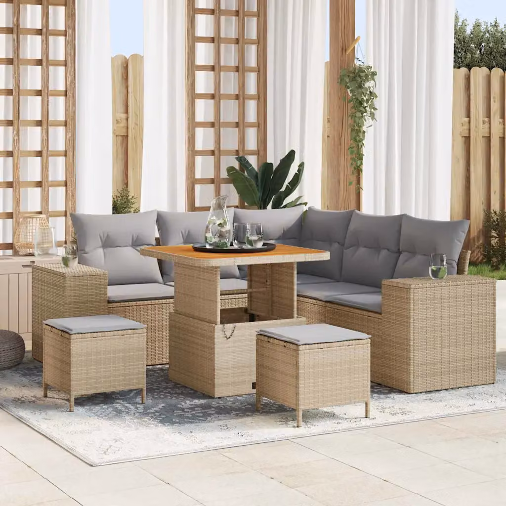 Set Divano da Giardino a L vidaXL 8 Pezzi con Tavolino e Ottoman, Colore Beige e Grigio – 1