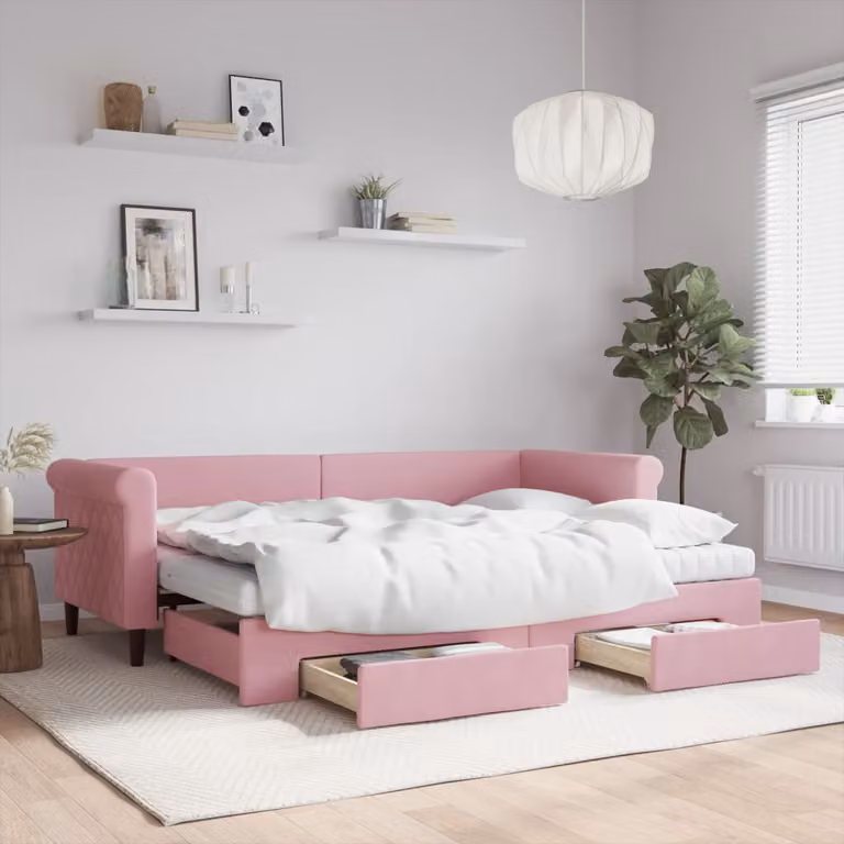 vidaXL Divano Letto Estraibile in Velluto Rosa con Cassetti L/P/H: 229 x 80 x 90 cm