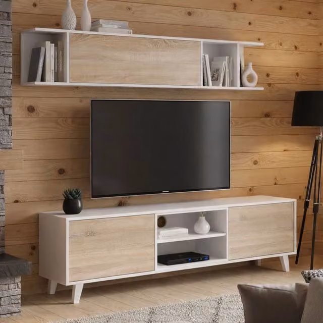 Parete attrezzata Aslan DMORA per soggiorno con mobile porta TV e pensile, Bianco e Rovere, L: 180 cm, P: 51 cm, H: 41 cm