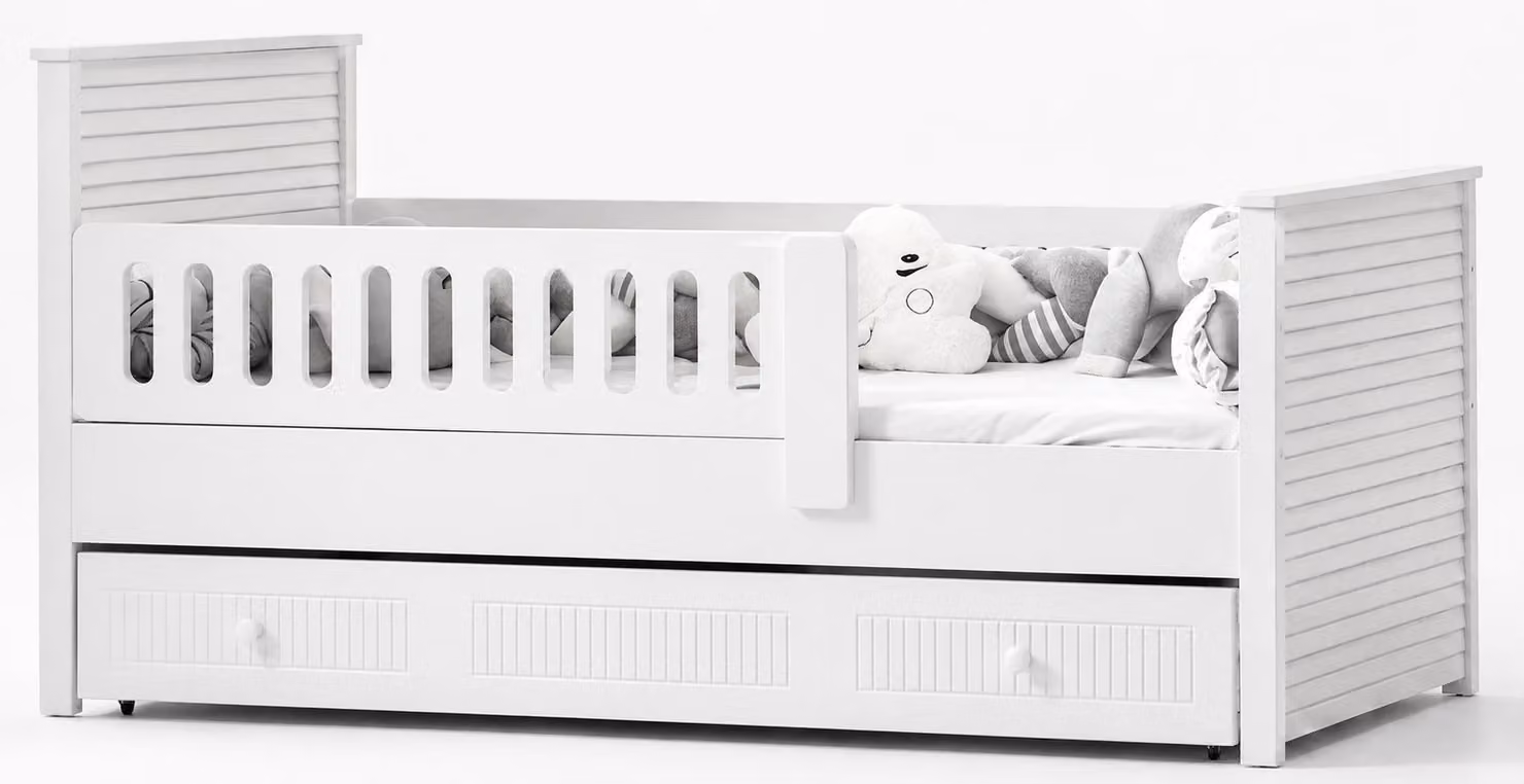 Letto moderno per bambini, bianco, con cassetto e protezioni laterali robuste