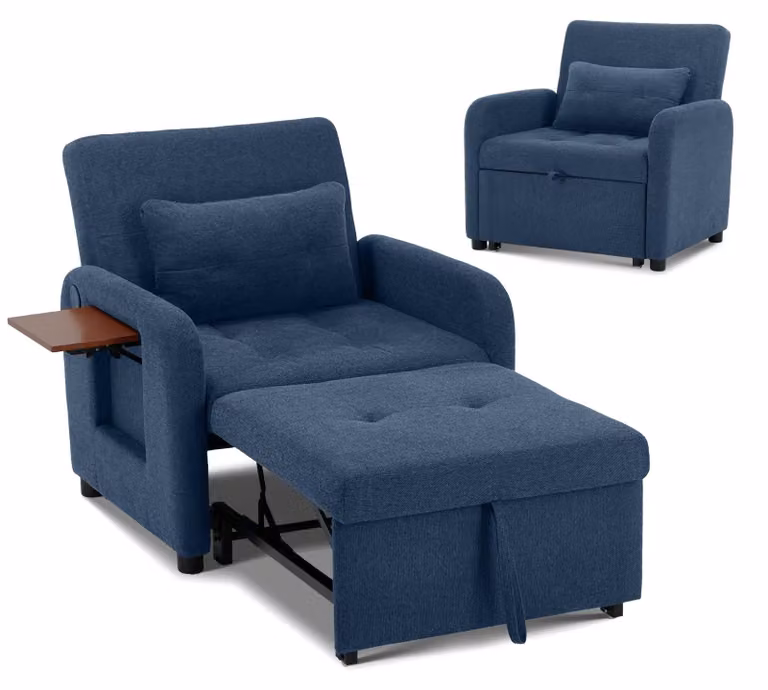 Divano letto pieghevole blu chiaro – tessuto multifunzionale, trasformabile da seduta a letto, con porta USB, tavolino pieghevole, cuscino e schienale regolabile