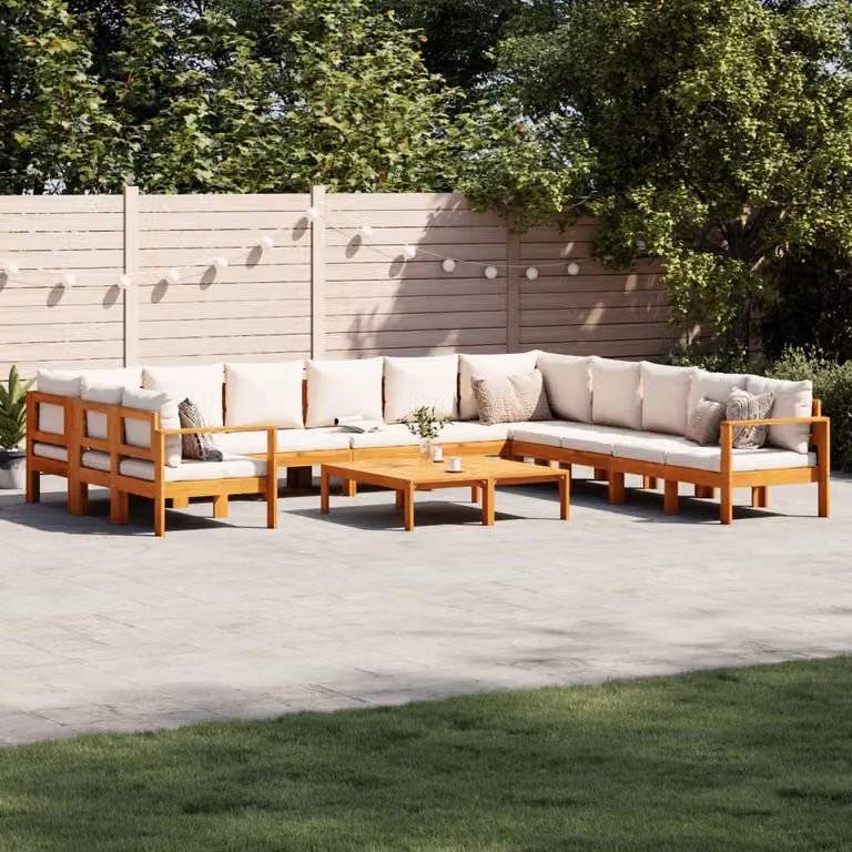 Set Divano da Giardino vidaXL 9 pz in Legno di Acacia con Cuscini Beige e Bianchi