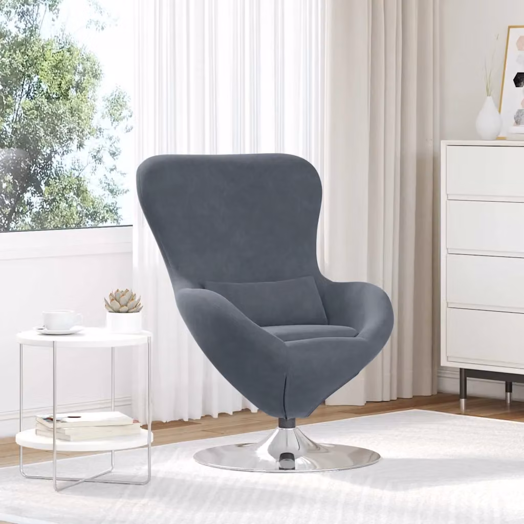 Poltrona uovo moderna vidaXL in velluto grigio con base girevole 360 gradi e struttura in metallo