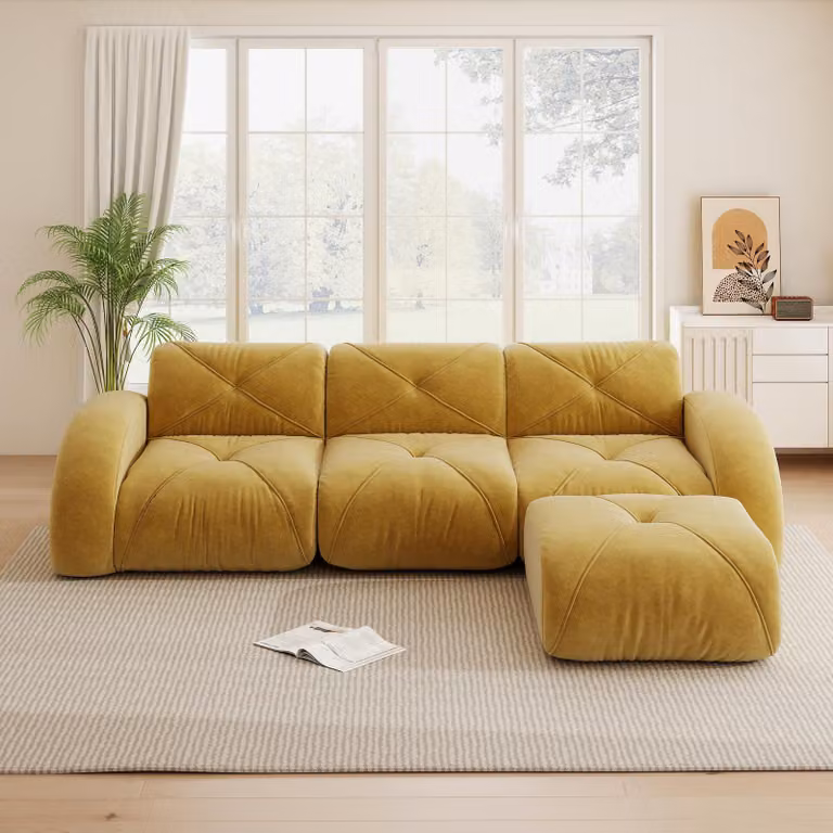 Divano modulare a forma di L, giallo, divano a tre posti senza necessità di montaggio, realizzato in tessuto chenille. Design senza struttura, con poggiapiedi e base antiscivolo, dimensioni 281x171x76 cm