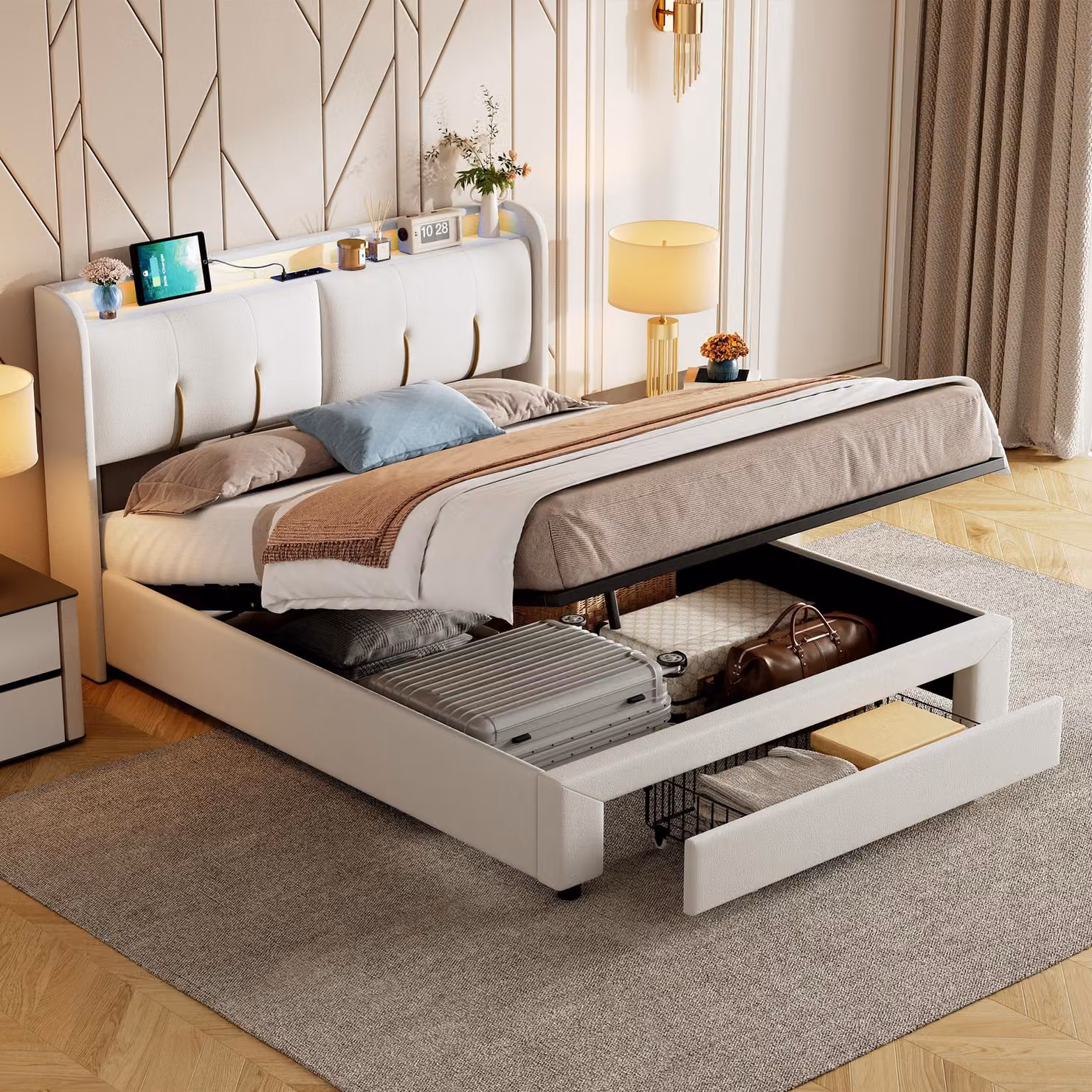 Letto contenitore 140x200 cm con LED, 1 cassetto, USB/Type-C, rete a doghe, velluto bianco