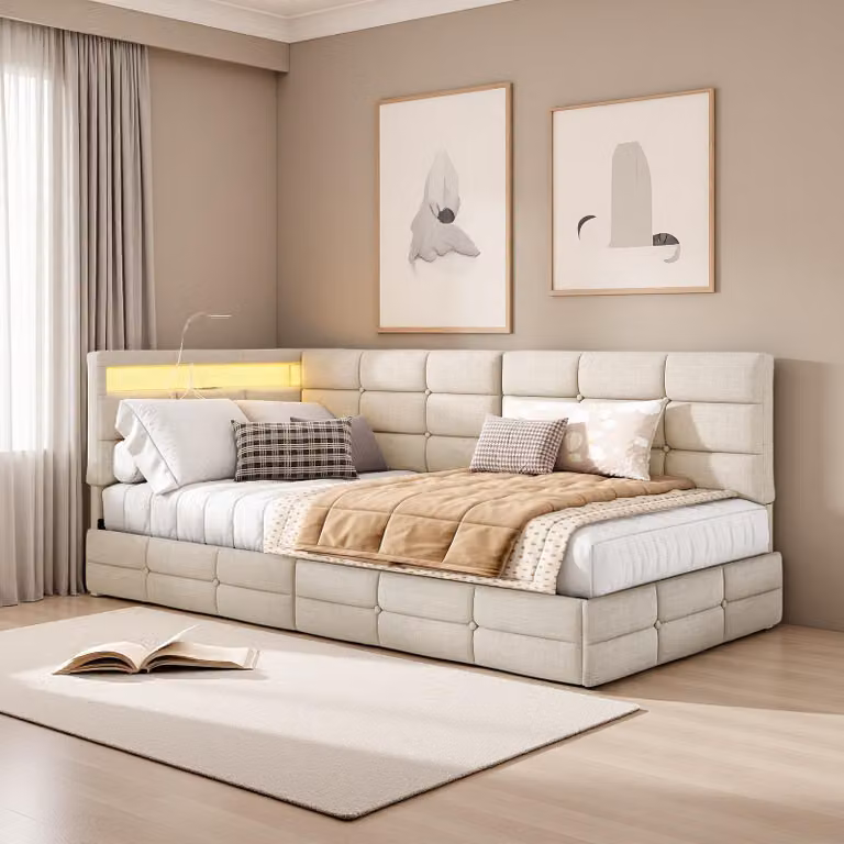 Letto imbottito trasformabile in divano, dimensioni 90x200 cm, con illuminazione LED, porte USB di tipo C, due cassetti, rete a doghe e rivestito in lino color beige