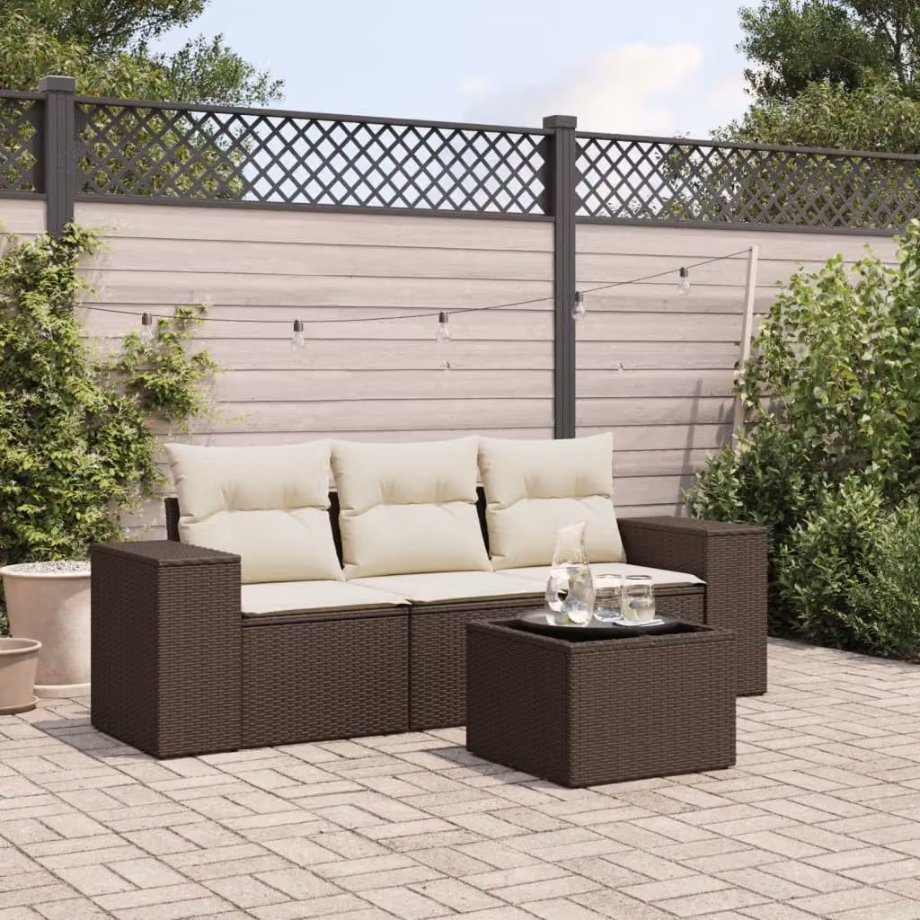 vidaXL Set Divano da Giardino 4 pz con Cuscini Marrone e Bianco in Polyrattan e Acciaio – 1