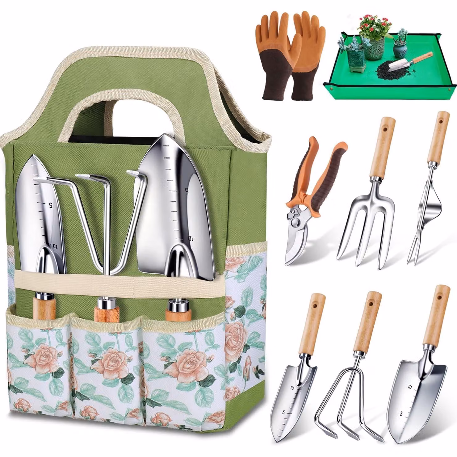 Set attrezzi da giardino - 9 pezzi - Acciaio inossidabile - Con borsa per il trasporto