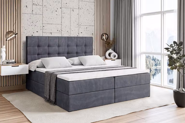 Letto boxspring ALTDECOR con materasso e rete a doghe - BERO - 180x200 cm - Velluto grigio scuro - Letto boxspring, topper, letto imbottito con contenitore, letto con contenitore H3 - Materasso, letto matrimoniale, letto boxspring