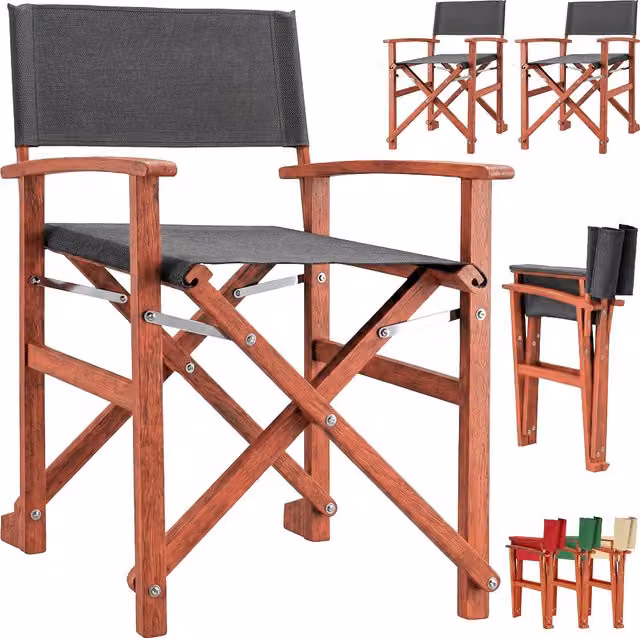 Set di 2 sedie da regista CASARIA in legno di eucalipto FSC certificato e tessuto antracite resistente ai raggi UV per esterno