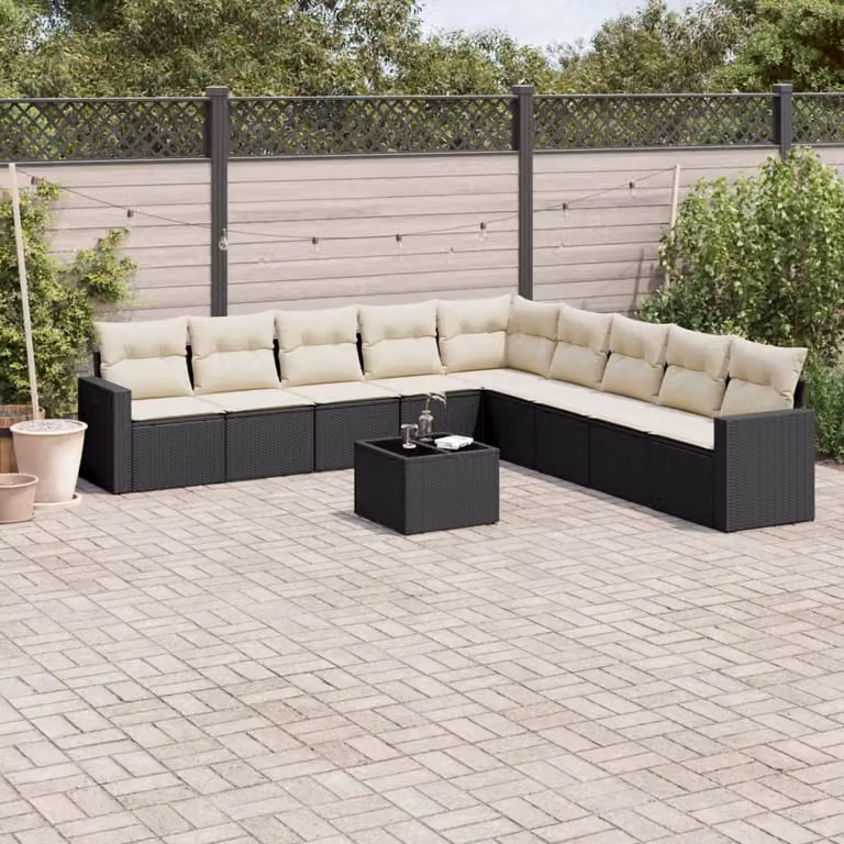 Set di divani da giardino vidaXL in polyrattan nero con cuscini e tavolino da esterno