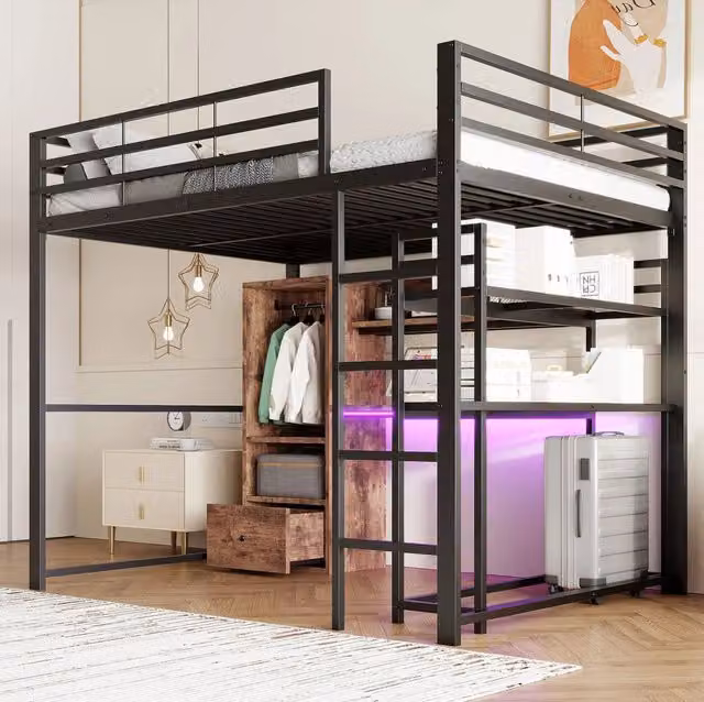 Letto a soppalco ULEVR 140x200 cm con scrivania, cassetto, ripiani aperti e LED a 16 colori, nero