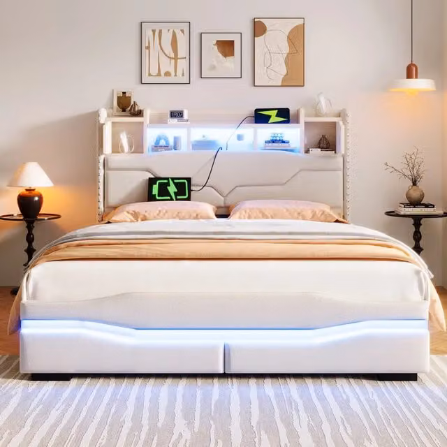Letto matrimoniale 140x200 cm, con prese di ricarica, luci a LED, vano portaoggetti, beige