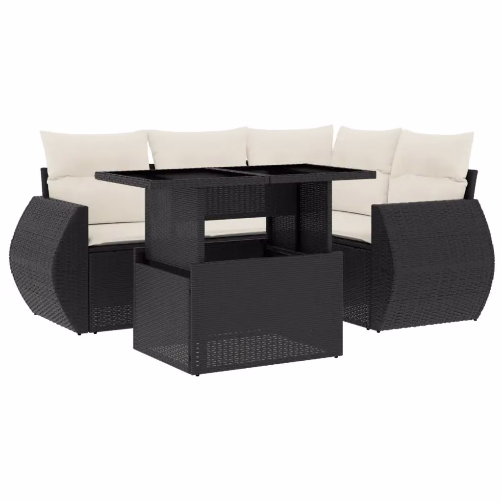 Set di divani da giardino vidaXL a forma di L composto da 5 pezzi con cuscini e tavolino in polyrattan nero e bianco – 2