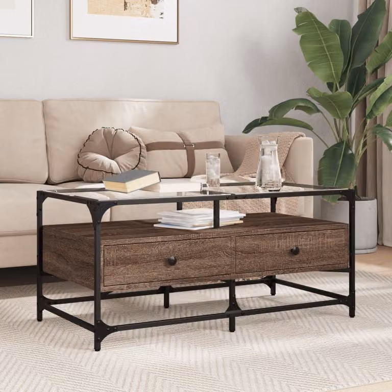 Maison Exclusive - Tavolino con piano in vetro, finitura effetto legno di quercia marrone, acciaio, 98,5x50x45 cm