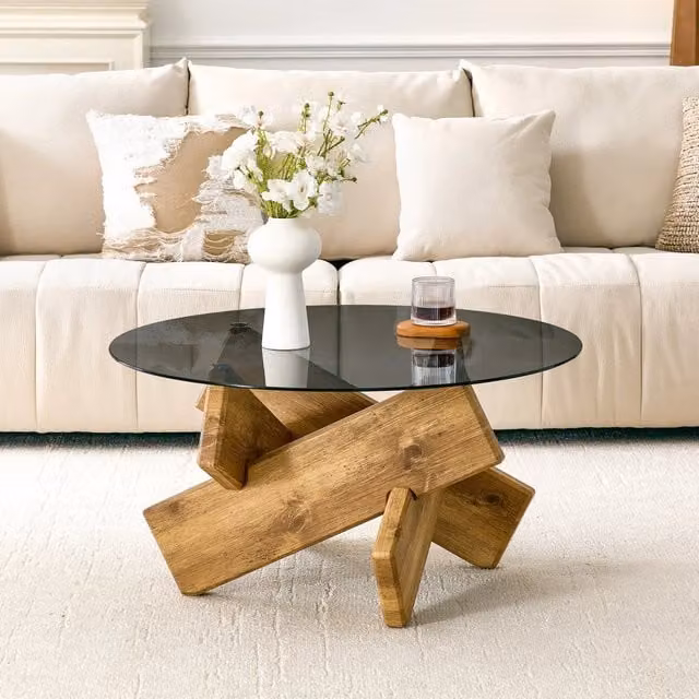 Tavolino da caffè rotondo WISHDOR con piano in vetro trasparente e base geometrica in MDF marrone