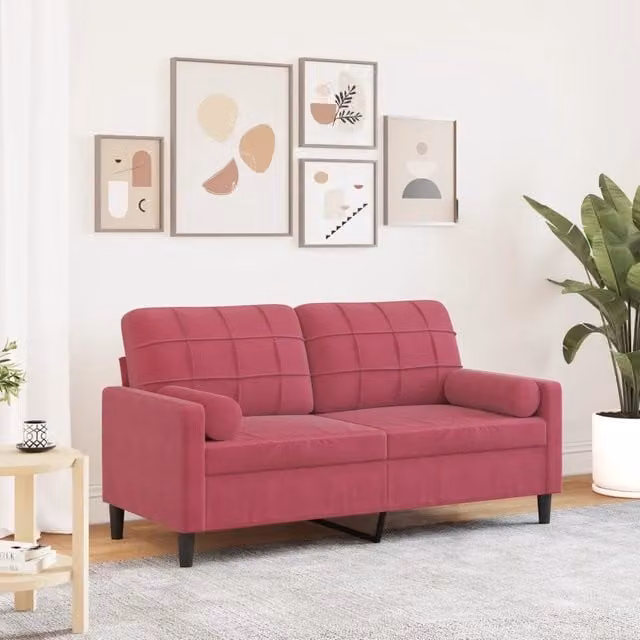 Divano a 2 posti moderno vidaXL in velluto rosso con cuscini e coperture rimovibili