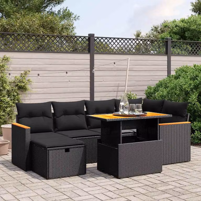 vidaXL Set Divani da Giardino a L con Cuscini 7pz Nero Polyrattan e Legno di Acacia