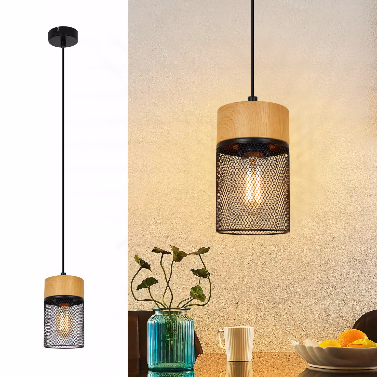 ZMH lampada a sospensione vintage lampada a sospensione tavolo da pranzo 1 fiamma lampada a sospensione nero reticolo legno grano soggiorno sala da pranzo lampada industriale E27 lampada presa MAX.40W tavolo da pranzo lampada per cucina bar corridoio