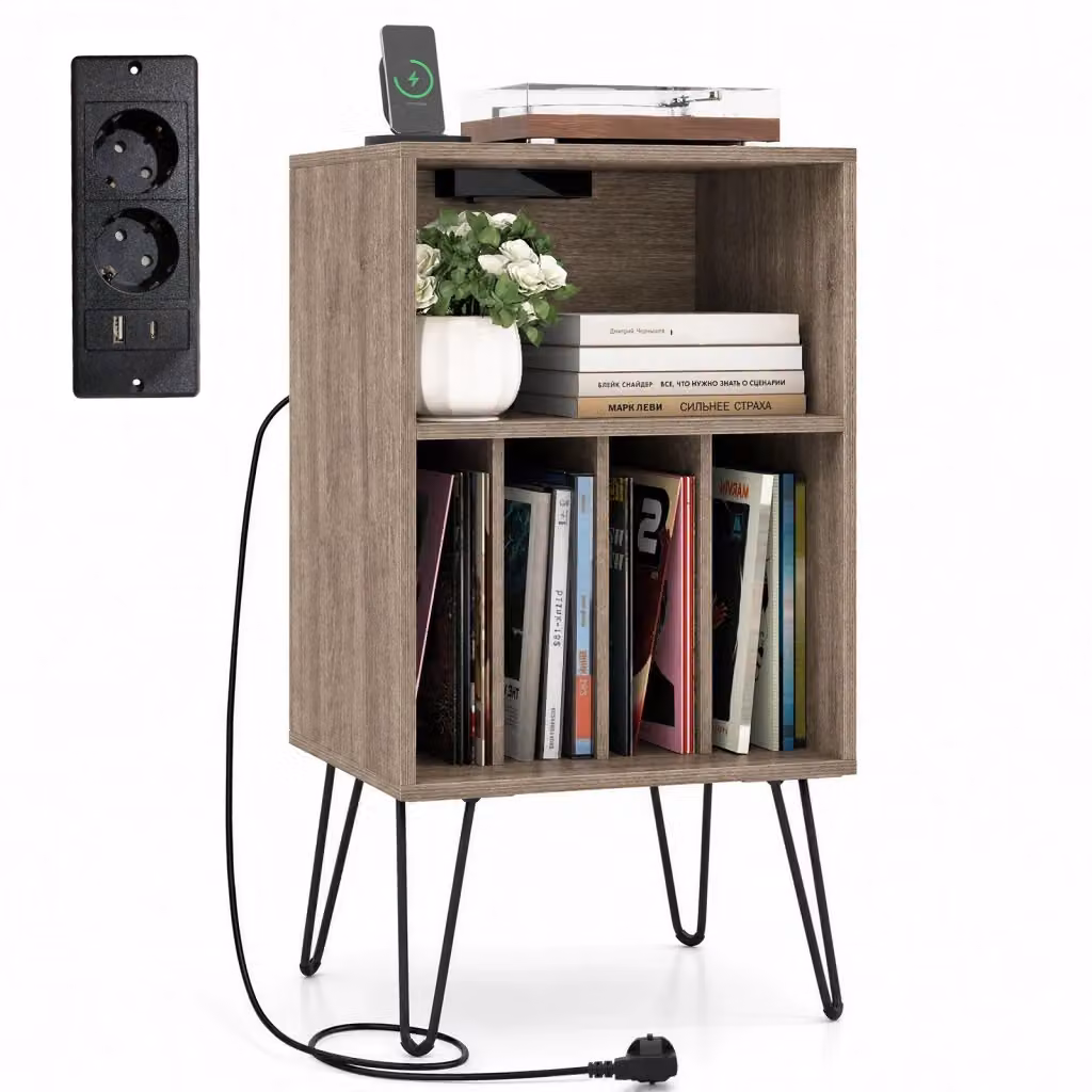 Supporto per giradischi moderno con stazione di ricarica e porta vinili con scomparti, tavolo porta dischi in legno e metallo Grigio e Marrone, L/P/H: 88 x 48 x 40 cm – 2