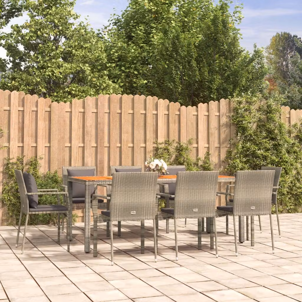 The Living Store Set da pranzo da giardino 9 pezzi con cuscini in poly rattan grigio