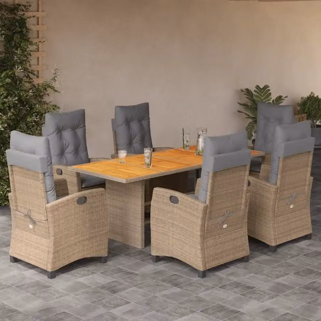 Set Pranzo da Giardino vidaXL in Polyrattan e Legno di Acacia con 7 Cuscini Beige e Grigio