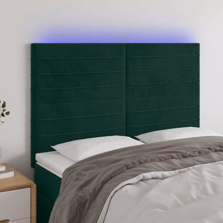 Testiera per letto vidaXL in velluto verde scuro con illuminazione LED e porta di ricarica USB, L: 144 cm, P: 5 cm, H: 118-128 cm