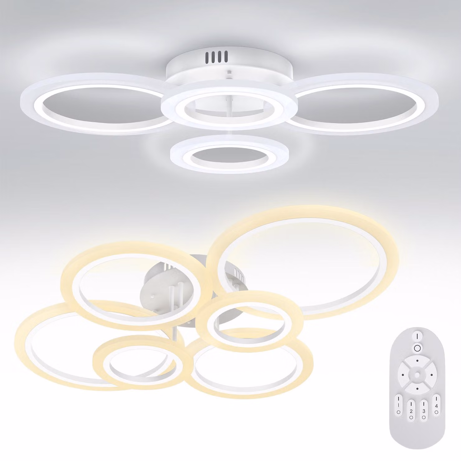 VA-Cerulean, plafoniera a LED, 96W, design a anello, 6 anelli, dimmerabile, con telecomando, grado di protezione IP44, colore bianco