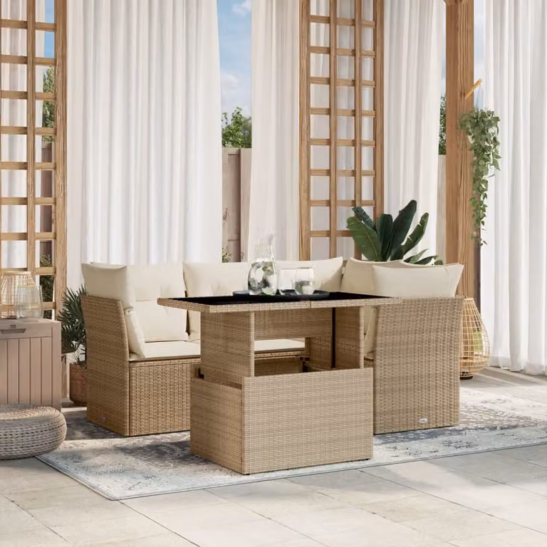 vidaXL Set Divano da Giardino a L con Tavolino e Cuscini Beige in Polyrattan e Acciaio