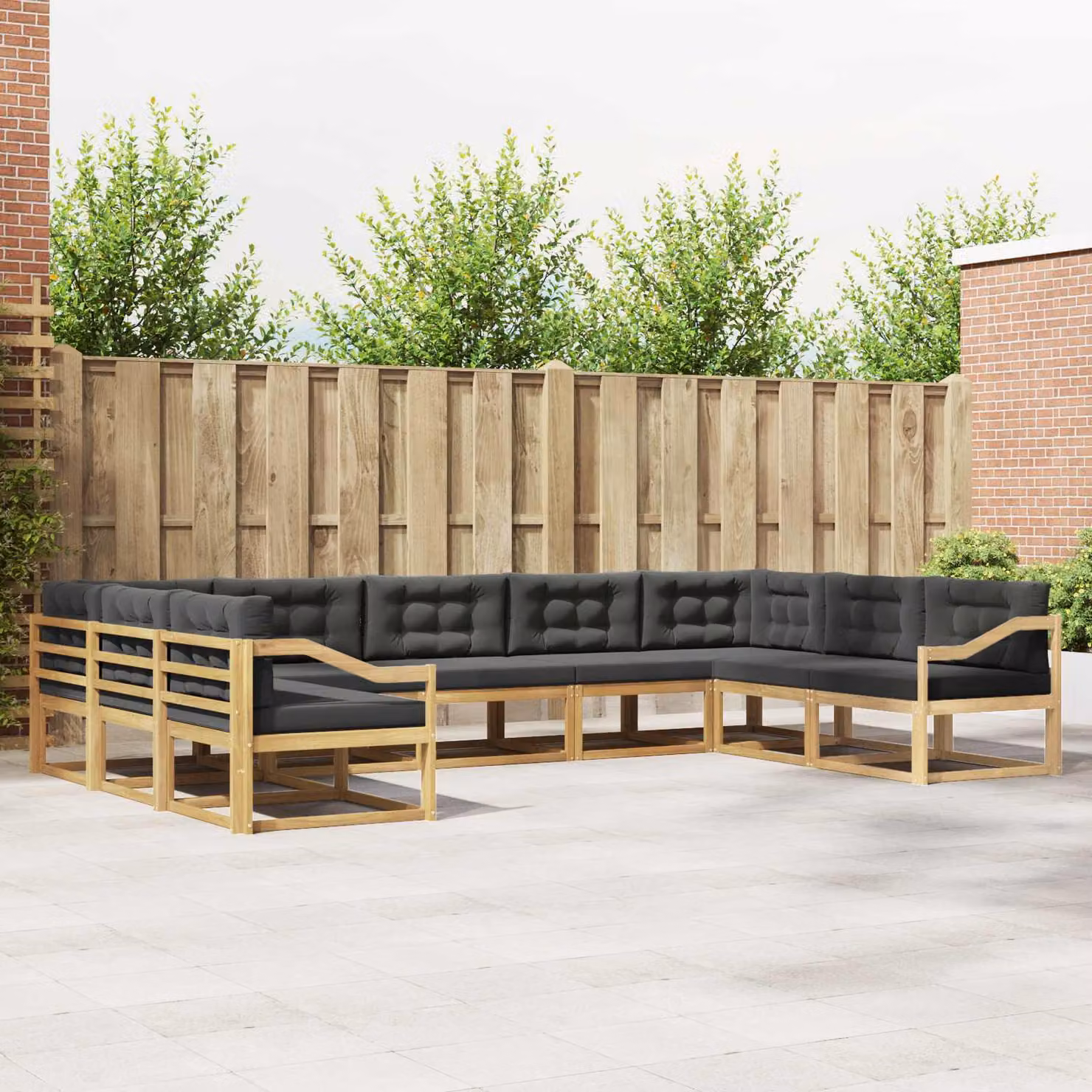vidaXL Set di divani da esterno a L in legno di acacia con cuscini, 9 pezzi, Bianco e Antracite