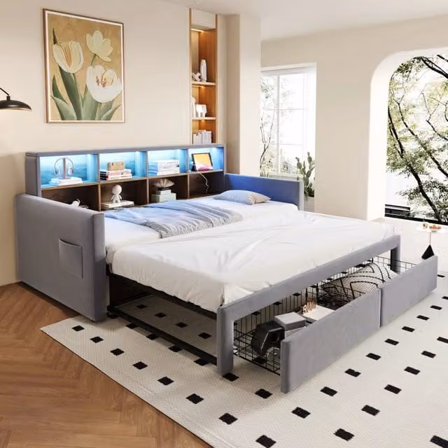 Letto divano singolo 90 × 190 cm et 180 × 190 cm, LED, USB e tipo C, ripiani e 2 cassetti, senza materasso