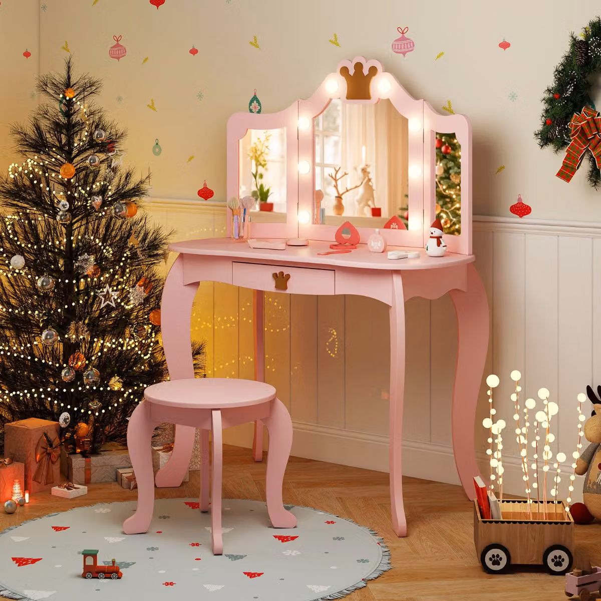 Set Toeletta Trucco Costway per Bambina con Sgabello, Tavolo con Triplo Specchio e Luci LED, Postazione con Cassetto in MDF e Plastica, Rosa e Bianco – 2