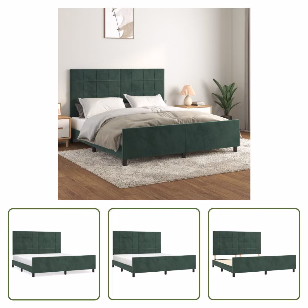 The Living Store Struttura letto con testiera in velluto verde scuro 180x200 cm