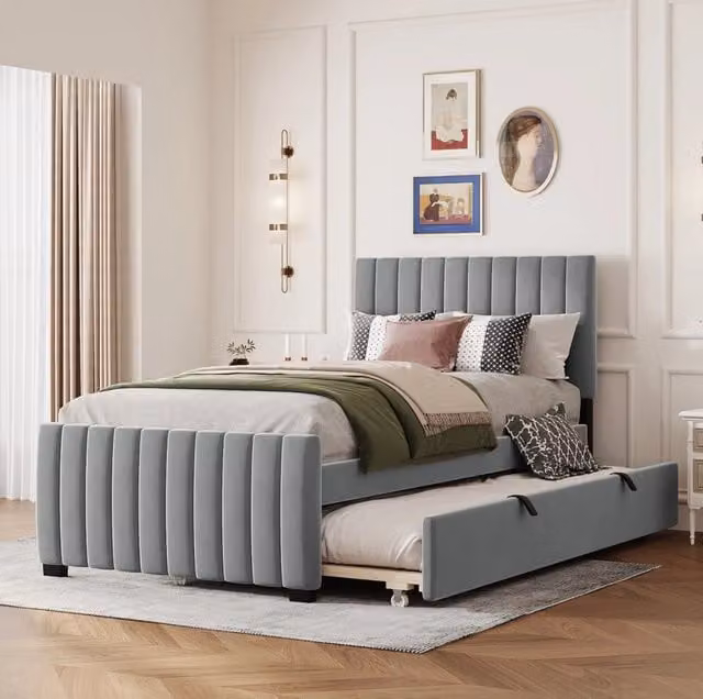 Letto imbottito 90 x 190 cm con letto estraibile in tessuto di velluto grigio per bambini e ospiti