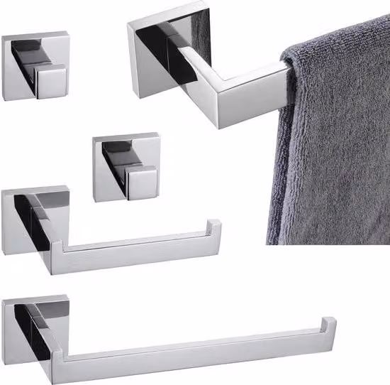 Set da bagno 5 pezzi, tenne per asciugamani in acciaio inox lucido + tenne per carta igienica + maniglia bagno, fissaggio a parete, finitura liscia, B05A5-CH