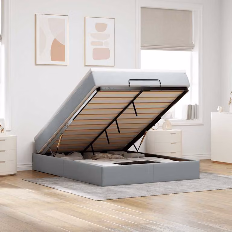 vidaXL Struttura Letto con Materasso e Contenitore a Sollevamento, L/P/H: 140 x 190 x 23,5 cm, Tessuto Grigio e Bianco