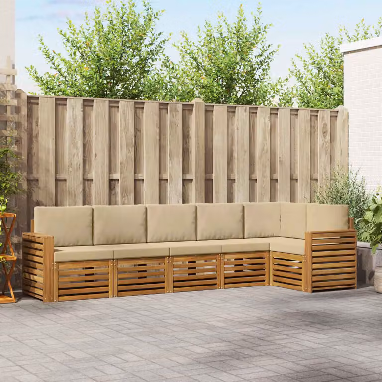 Set di divani da esterno a L vidaXL in legno di acacia con cuscini, beige e marrone