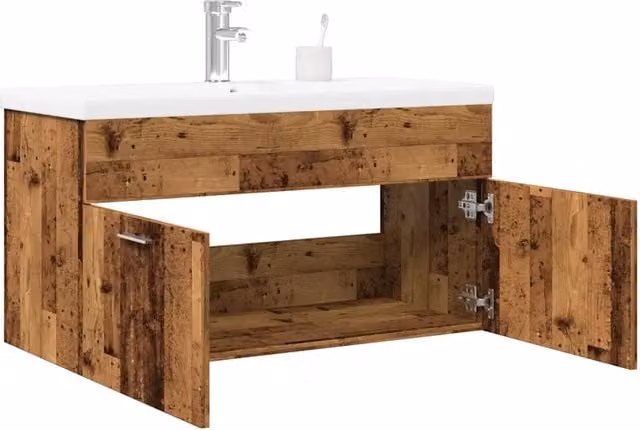 Mobile da Bagno Sospeso vidaXL in Legno e Ceramica, Colore Marrone e Bianco, L: 76,7 cm, P: 38,5 cm, H: 90 cm – 1