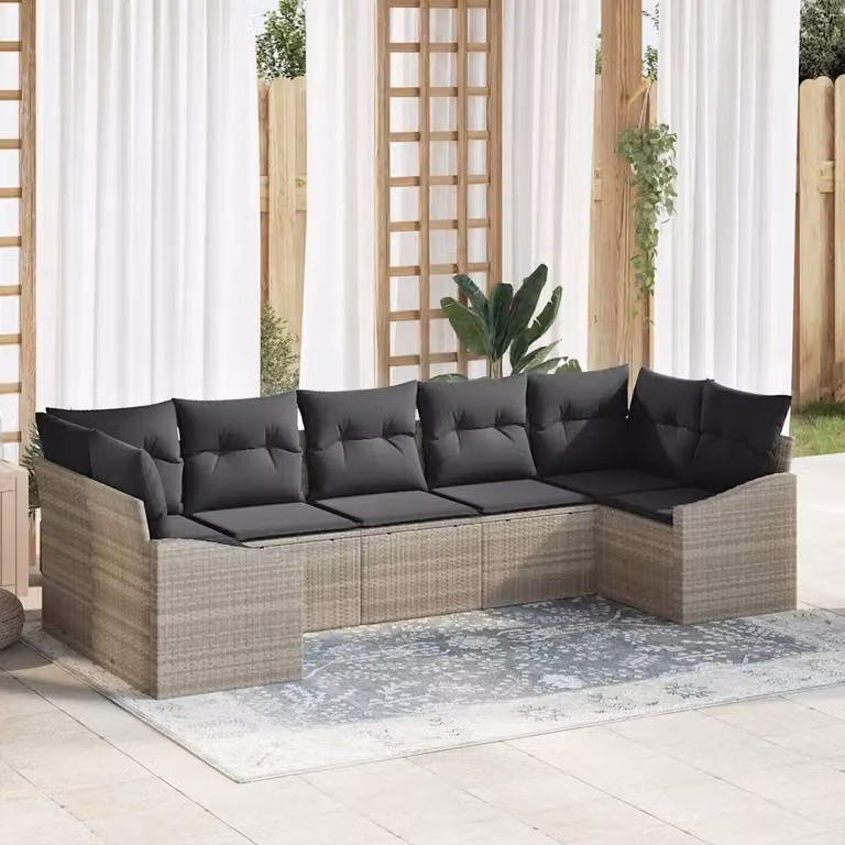 Set di divani da giardino vidaXL in rattan grigio con cuscini e tavolino da caffè