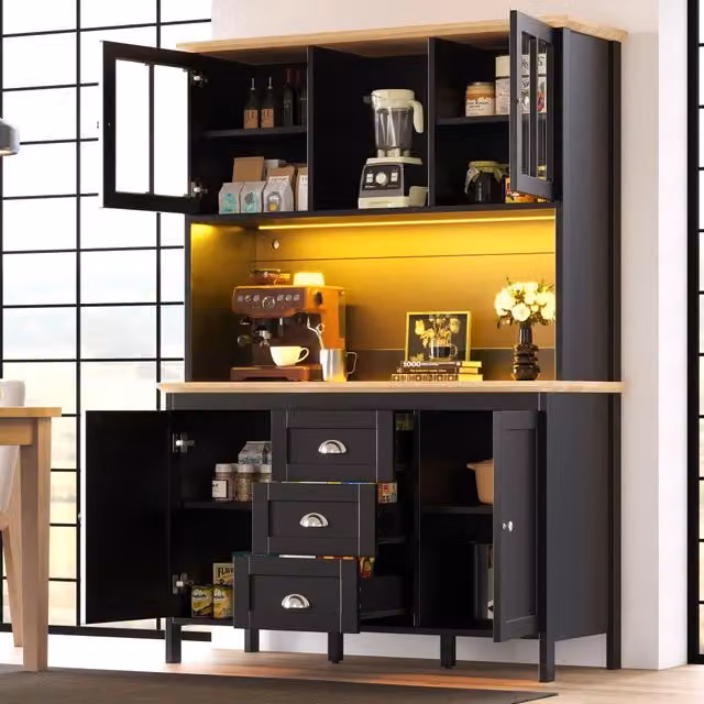 Mobile colonna da cucina con LED USB regolabile via app; 4 ante; 3 cassetti; vano aperto; MDF nero 120 × 40 × 179 cm
