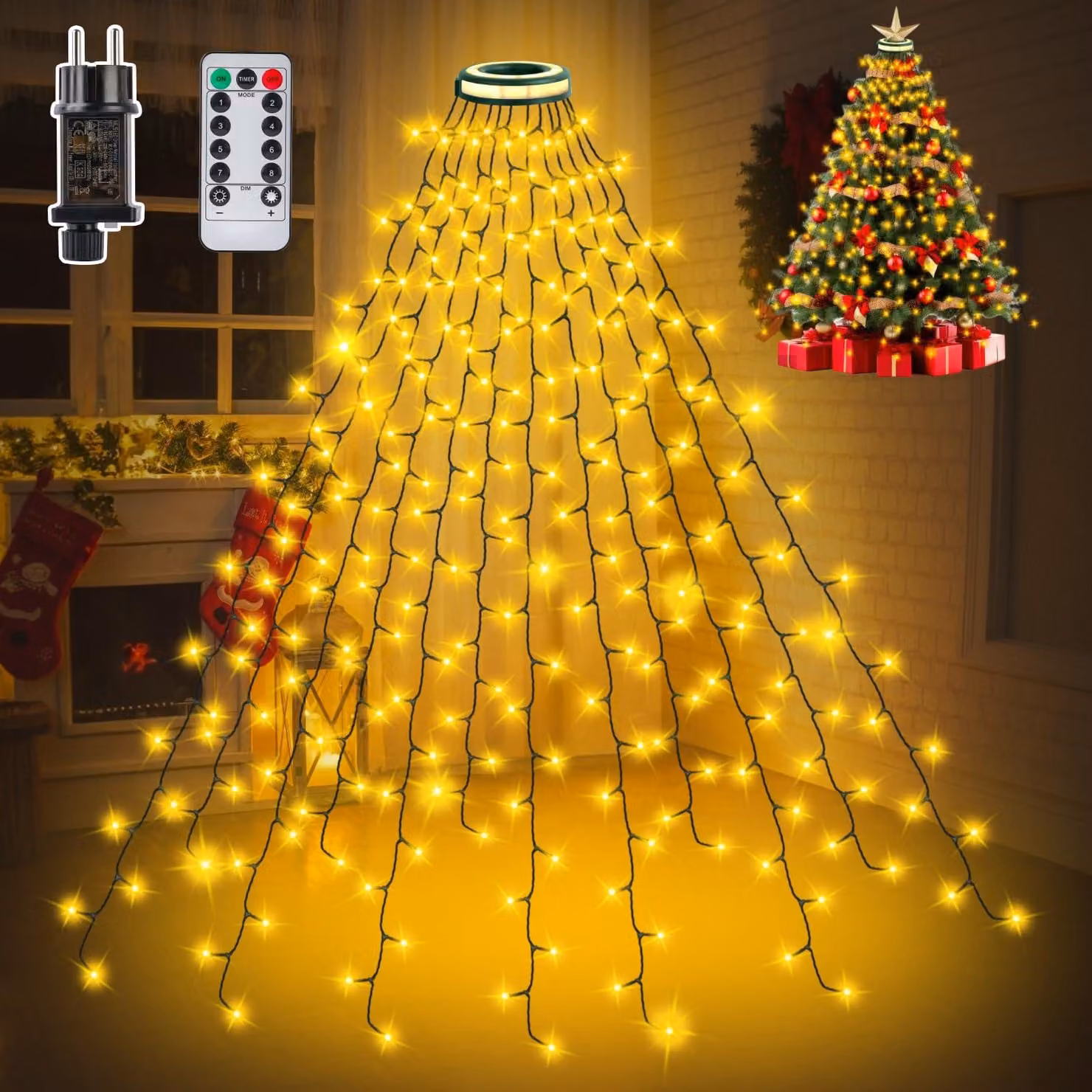 Catena luminosa per albero di Natale, lunghezza 2,5 metri, 320 LED, 12 fili, con timer, luce bianco caldo