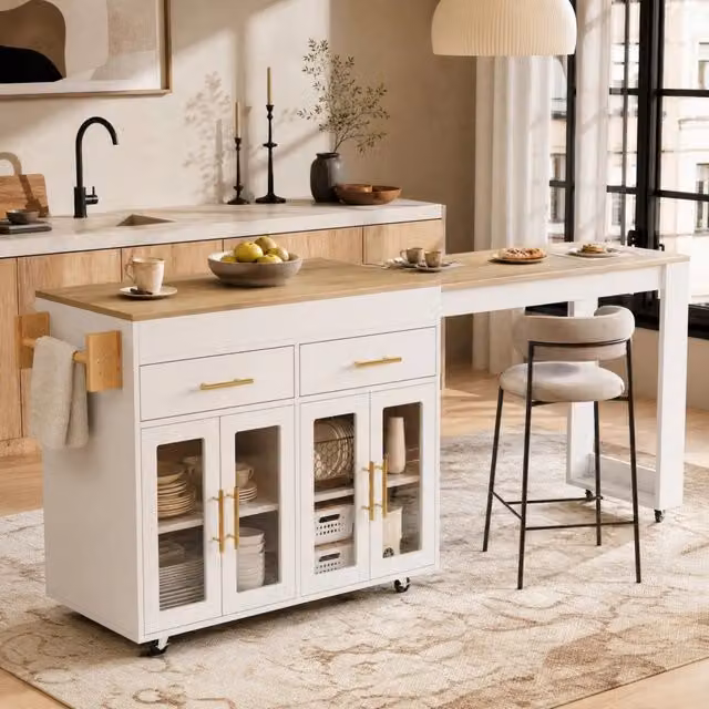 Isola cucina mobile con piano estraibile e tavolo snack; 132;5-217 x 50 x 93 cm; bianco