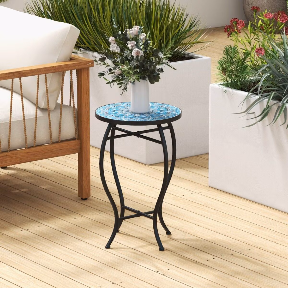 Set di 2 tavolini laterali rotondi Costway per giardino e terrazzo con piano in ceramica a mosaico blu e struttura in metallo, Diametro: 35 cm
