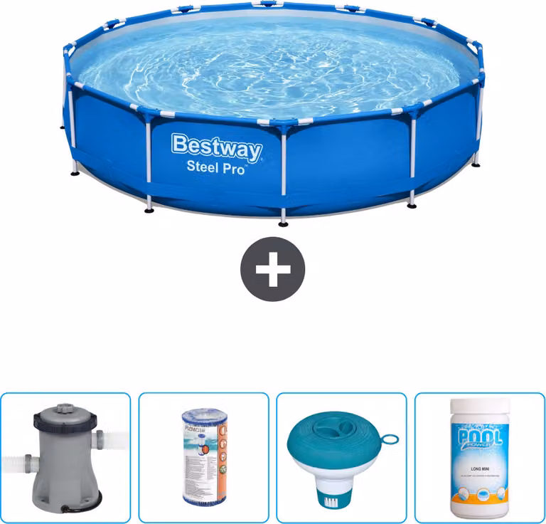 Piscina Bestway Round Steel Pro - 366 x 76 cm - blu - inclusa pompa filtro - galleggiante per il cloro - cloro