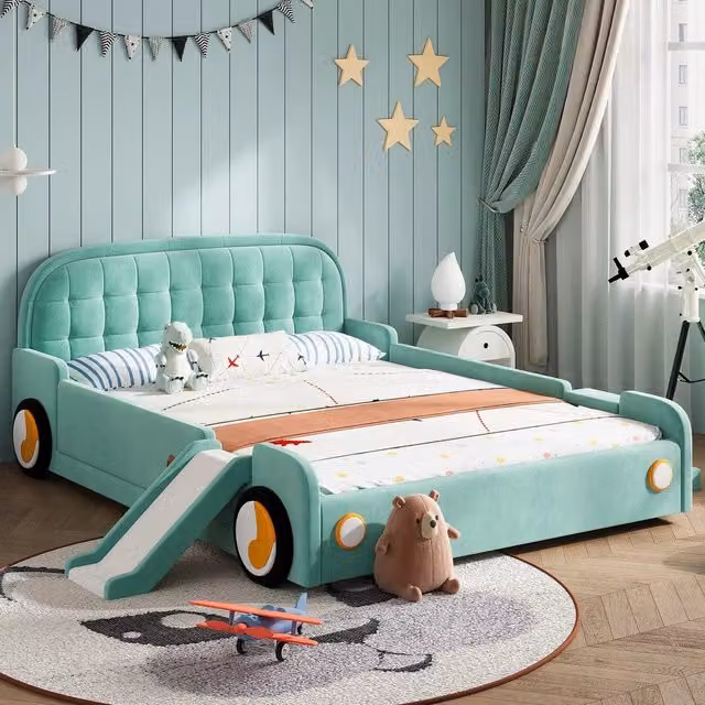 Letto per bambini con scivolo e scala ¨C Minimal ¨C blu 140x200 cm imbottito con protezione anticaduta