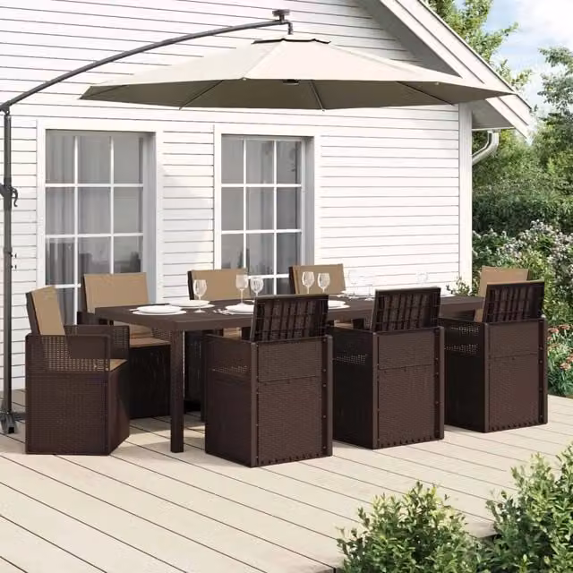 Set da pranzo per giardino e terrazzo vidaXL in plastica da 9 pezzi, marrone e beige