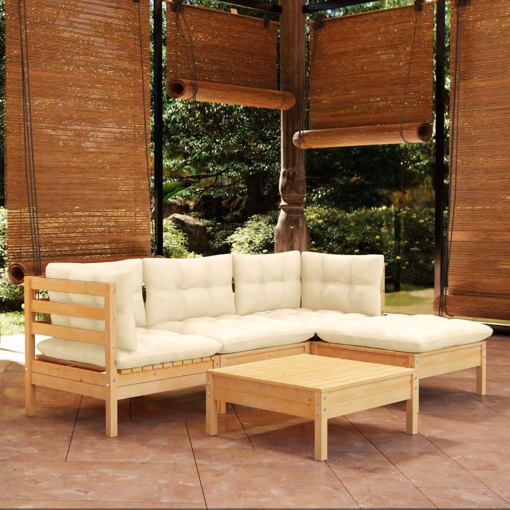 The Living Store Set salotto da giardino 5 pezzi con cuscini crema legno di pino