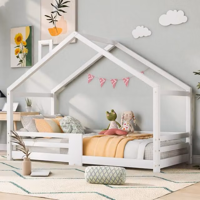 Letto a Casetta per Bambini in Legno Massello con Sponde Anticaduta Letto Singolo 90x200 cm Bianco