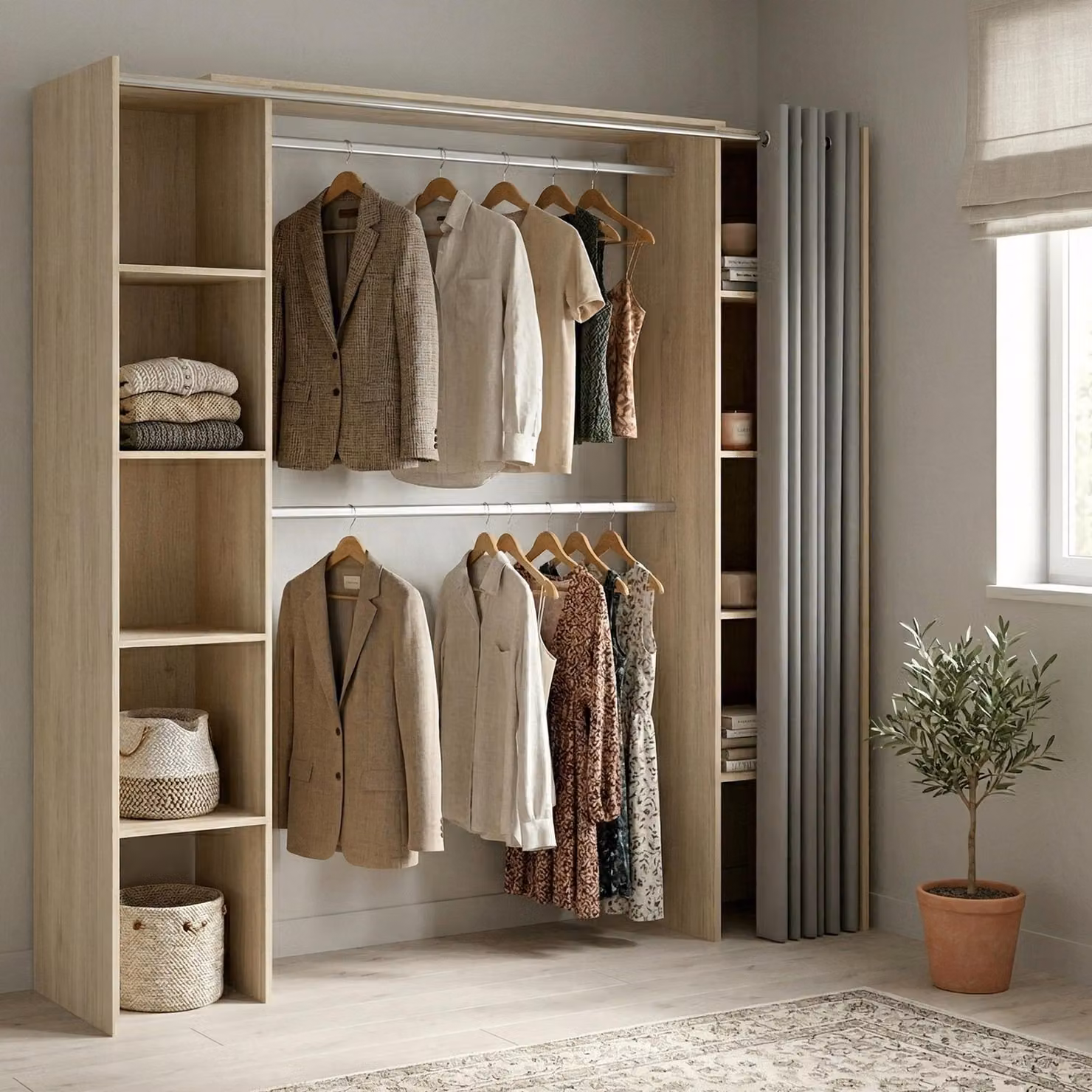 Dmora Guardaroba Grande Caloy 50x205h cm Marrone Rovere, Appendiabiti Apertura Tenda