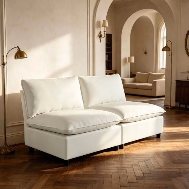 Divano a 2 posti REDOM moderno in tessuto beige e bianco, L: 146 cm – 1